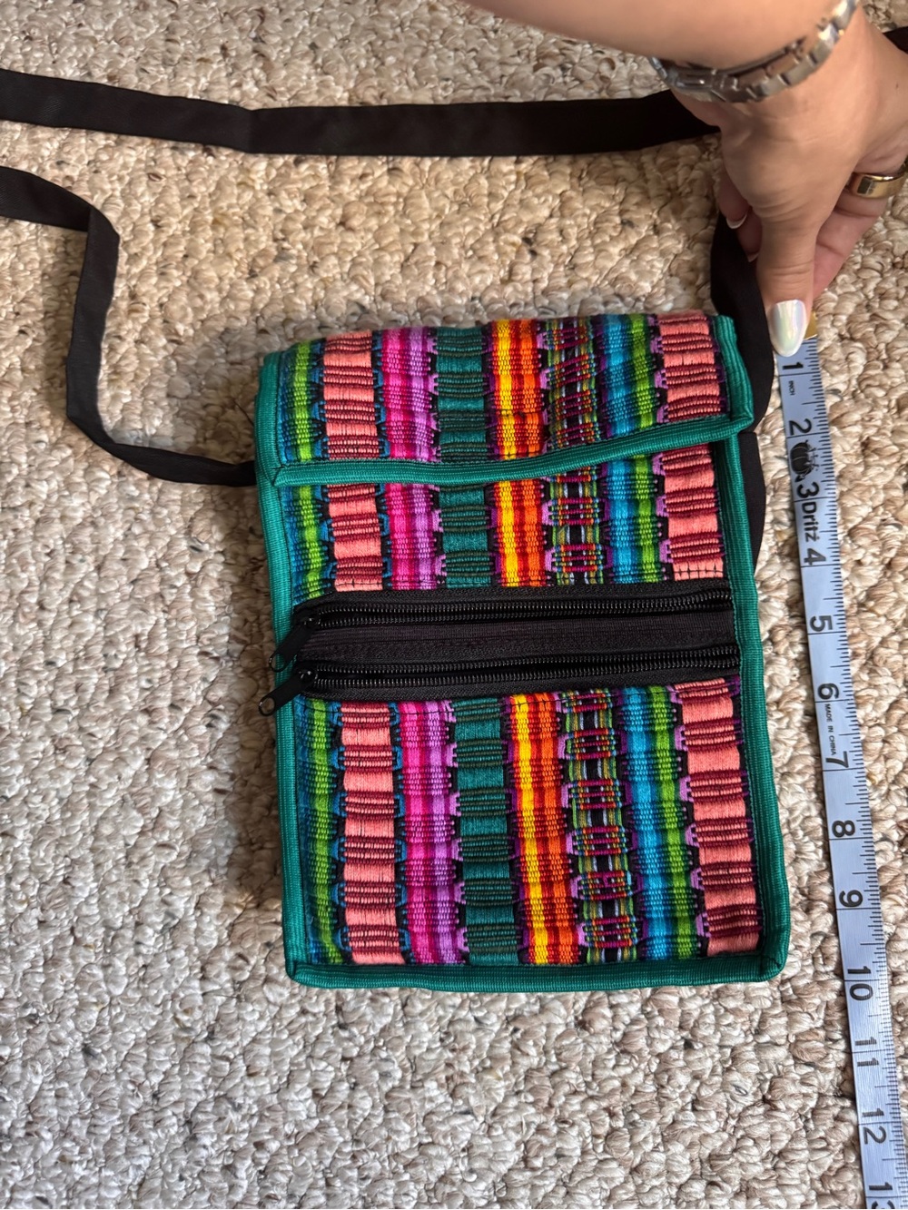 Handwoven Multi-Color Crossbody Bag with Green Trim Velcro zippers Bright Fun